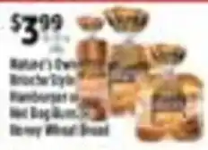 Pioneer Supermarkets Nature's Own Brochette Hamburger in Hot Dog Bun or Honey Wheat Bread offer