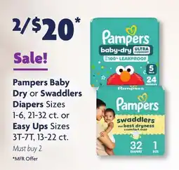 Family Dollar Pampers Baby Dry or Swaddlers Diapers Sizes 1-6, 21-32 ct. or Easy Ups Sizes 3T-7T, 13-22 ct offer