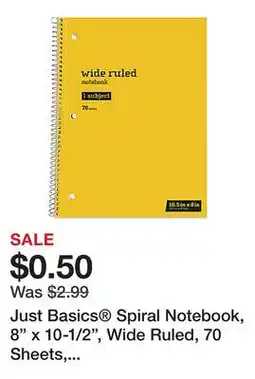 Office Depot Just Basics Spiral Notebook, 8 x 10-1/2, Wide Ruled, 70 Sheets, Yellow offer