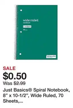 Office Depot Just Basics Spiral Notebook, 8 x 10-1/2, Wide Ruled, 70 Sheets, Green offer