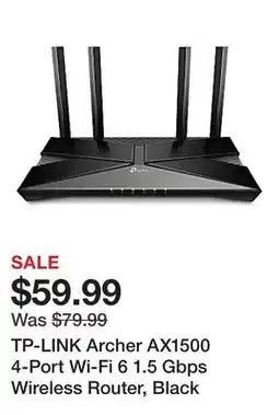 Office Depot TP-LINK Archer AX1500 4-Port Wi-Fi 6 1.5 Gbps Wireless Router, Black offer