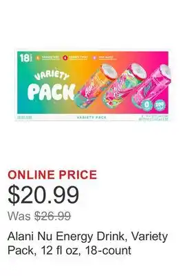 Costco Alani Nu Energy Drink, Variety Pack, 12 fl oz, 18-count offer