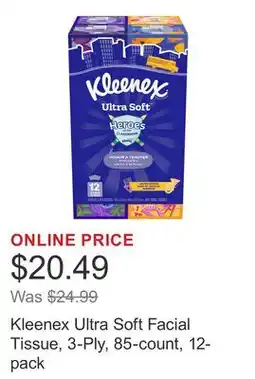 Costco Kleenex Ultra Soft Facial Tissue, 3-Ply, 85-count, 12-pack offer