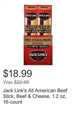 Costco Jack Link's All American Beef Stick, Beef & Cheese, 1.2 oz, 16-count offer