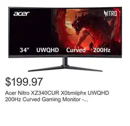 Costco Acer Nitro XZ340CUR X0bmiiphx UWQHD 200Hz Curved Gaming Monitor - 3440 x 1440 offer
