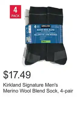 Costco Kirkland Signature Men's Merino Wool Blend Sock, 4-pair offer