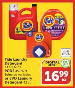 Albertsons Tide Laundry Detergent 117-132 oz. PODS 45-76 ct. Selected varieties or EVO Laundry Detergent 42 ct offer