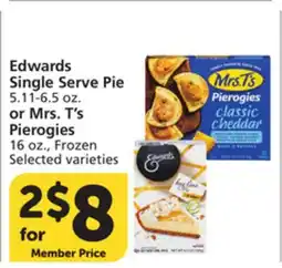 Albertsons Edwards Single Serve Pie 5.11-6.5 oz. or Mrs. T's Pierogies 16 oz offer