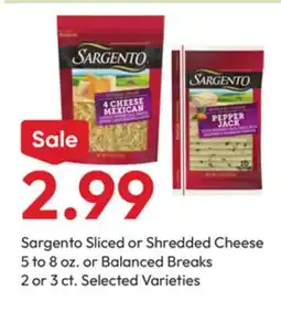 Stater Bros Sargento Sliced or Shredded Cheese 5 to 8 oz. or Balanced Breaks 2 or 3 ct. Selected Varieties offer