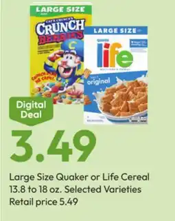 Stater Bros Large Size Quaker or Life Cereal offer