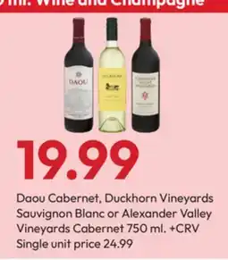 Stater Bros Daou Cabernet, Duckhorn Vineyards Sauvignon Blanc or Alexander Valley Vineyards Cabernet offer