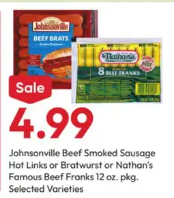 Stater Bros Johnsonville Beef Smoked Sausage Hot Links or Bratwurst or Nathan's Famous Beef Franks offer