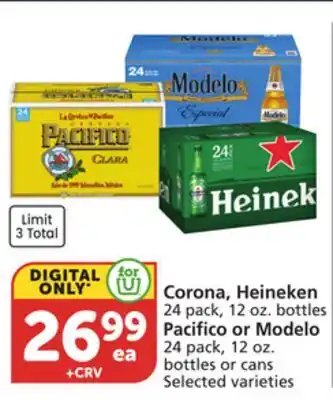 Vons Corona, Heineken 24 pack, 12 oz. bottles Pacifico or Modelo 24 pack, 12 oz. bottles or cans offer