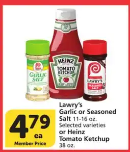 Vons Lawry's Garlic or Seasoned Salt 11-16 oz. Selected varieties or Heinz Tomato Ketchup 38 oz offer
