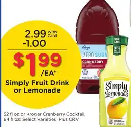 Ralphs Simply Fruit Drink or Lemonade offer