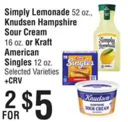 Smart & Final Simply Lemonade 52 oz., Knudsen Hampshire Sour Cream 16 oz. or Kraft American Singles 12 oz offer