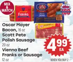 Tony’s Fresh Market Oscar Mayer Bacon, Scott Pete Polish Sausage, Vienna Beef Franks or Sausage offer
