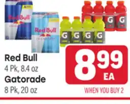 Tony’s Fresh Market Red Bull 4 Pk, 8.4 oz Gatorade 8 Pk, 20 oz offer