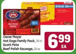 Tony’s Fresh Market Oscar Mayer Hot Dogs Family Pack, 30 ct Scott Pete Beef Polish Sausage, 20 oz offer