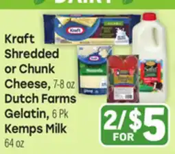 Tony’s Fresh Market Kraft Shredded or Chunk Cheese, Dutch Farms Gelatin, Kemps Milk offer
