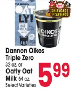 Jewel-Osco Dannon Oikos Triple Zero 32 oz. or Oatly Oat Milk 64 oz offer
