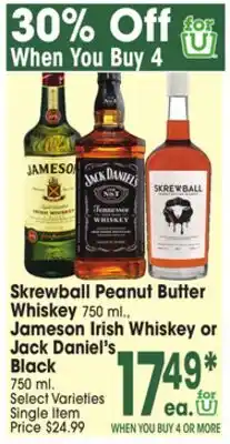 Jewel-Osco Skrewball Peanut Butter Whiskey 750 mL, Jameson Irish Whiskey or Jack Daniel's Black offer