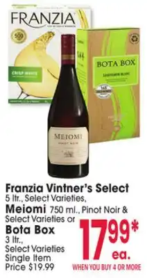 Jewel-Osco Franzia Vintner's Select 5 ltr., Meiomi 750 ml., Pinot Noir & Bota Box 3 l offer