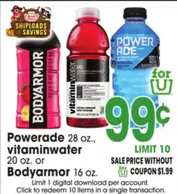 Jewel-Osco Powerade 28 oz., Vitaminwater 20 oz. or Bodyarmor 16 oz offer