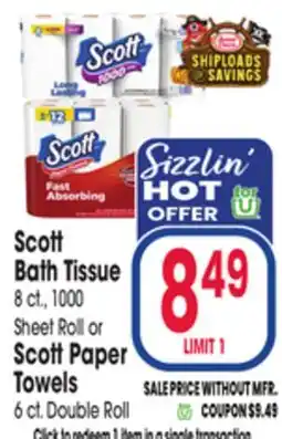 Jewel-Osco Scott Bath Tissue 8 ct., 1000 Sheet Roll or Scott Paper Towels 6 ct. Double Roll offer