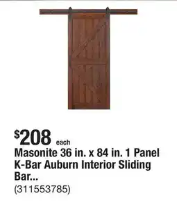 The Home Depot Masonite 36 in. x 84 in. 1 Panel K-Bar Auburn Interior Sliding Barn Door Slab with Hardware Kit offer