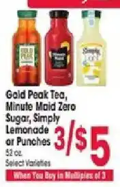 Jewel-Osco Gold Peak Tea, Minute Maid Zero Sugar, Simply Lemonade or Punches offer
