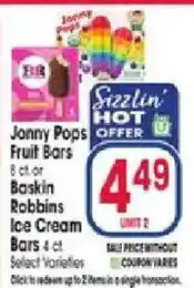 Jewel-Osco Janny Pops Fruit Bars or Baskin Robbins Ice Cream Bars offer