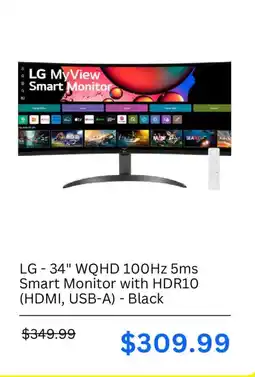 Best Buy Lg 34" wqhd 100hz 5ms smart monitor with hdr10 offer