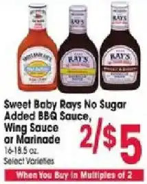 Jewel-Osco Sweet Baby Rays No Sugar Added BBQ Sauce, Wing Sauce or Marinade offer