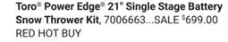 Ace Hardware Toro Power Edge 21 Single Stage Battery Snow Thrower Kit offer