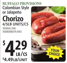 Restaurant Depot BUFFALO PROVISIONS Colombian Style or Jalapeño Chorizo offer