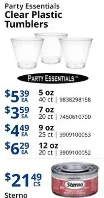 Restaurant Depot Sterno Party Essentials Clear Plastic Tumblers offer