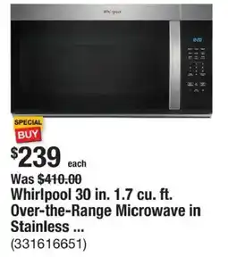 The Home Depot Whirlpool over-the-range microwave in stainless offer