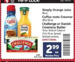 Safeway Simply Orange Juice, Coffee mate Creamer, Challenge or Danish Creamery Butter offer
