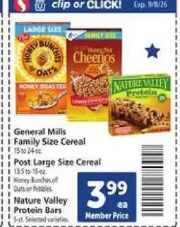 Safeway General Mills Family Size Cereal, Post Large Size Cereal, Nature Valley Protein Bars offer