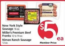 Safeway New York Style Sausage, Miller's Premium Beef Franks, Niman Ranch Sausage offer