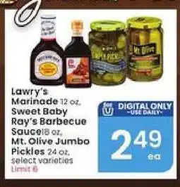 Albertsons Lawry's Marinade, Sweet Baby Ray's Barbecue Sauce, Mt. Olive Jumbo Pickles offer