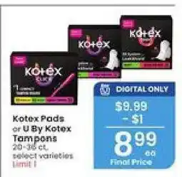 Albertsons Kotex Pads or U By Kotex Tampons offer