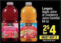 Super King Markets Langers Apple Juice or Cranberry Juice Cocktail offer