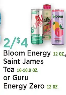 Heinen's Bloom Energy 12 OZ., Saint James Tea 16-16.9 OZ. or Guru Energy Zero 12 OZ offer