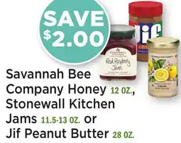 Heinen's Savannah Bee Company Honey 12 OZ., Stonewall Kitchen Jams 11.5-13 OZ. or Jif Peanut Butter 28 OZ offer