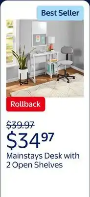 Walmart Mainstays Quick Assembly Desk with 2 Open Shelves, White Finish offer