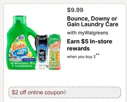 Walgreens Bounce, Downy or Gain Laundry Care offer