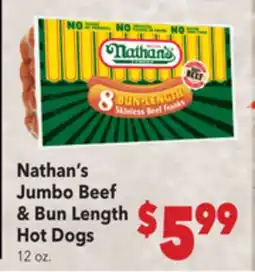 Vallarta Supermarkets Nathan's Jumbo Beef & Bun Length Hot Dogs offer