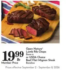 Pavilions Open Nature Lamb Rib Chops Bone-in or USDA Choice Beef Filet Mignon Steak Boneless offer
